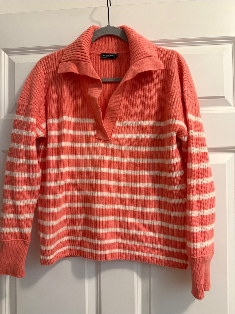 Vineyard Vines Coral and Cream Striped Popover Sweater